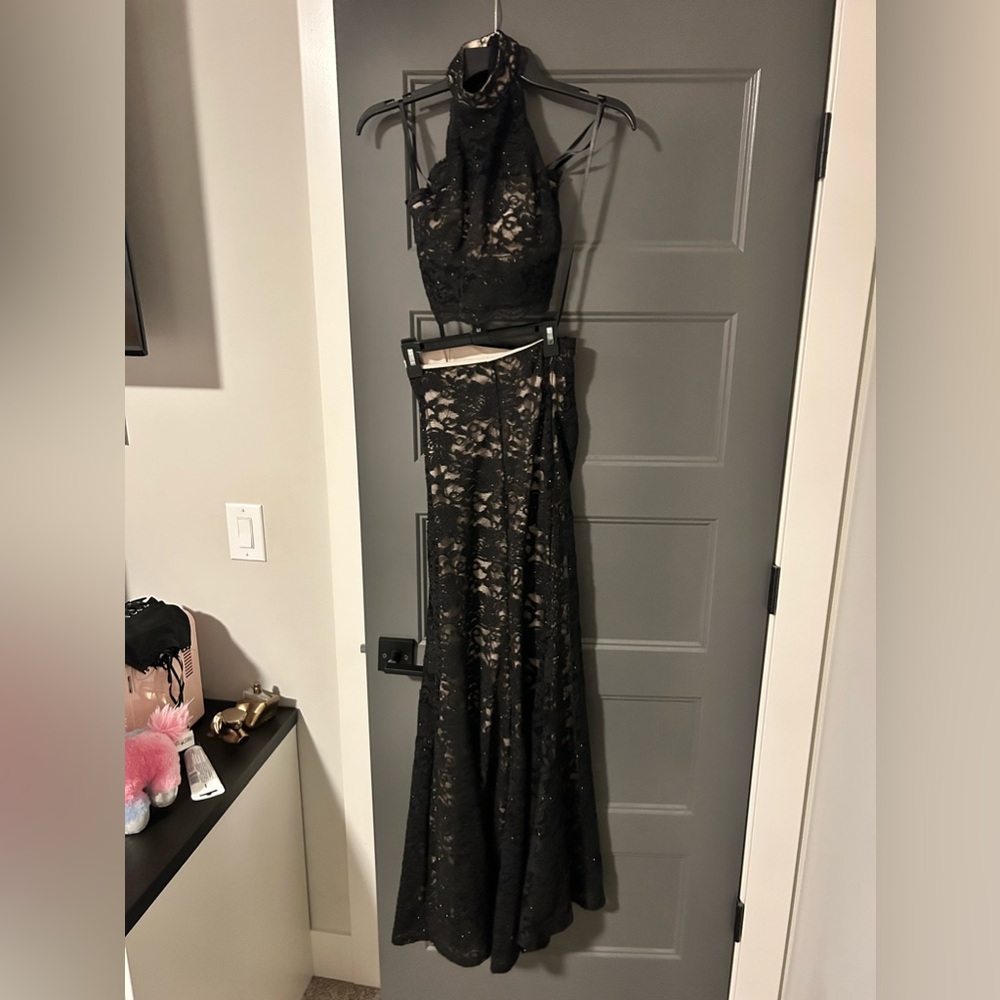 Two piece, Halter top, Black and nude prom dress